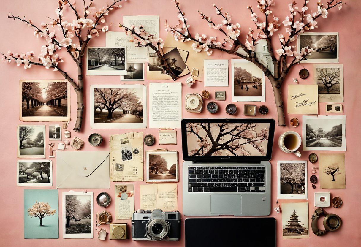 A nostalgic collage featuring vintage photographs, sepia-toned letters, and antique trinkets intertwined with modern digital devices like smartphones and laptops. Soft pastel colors create a warm ambiance, symbolizing the harmony between past memories and contemporary life. Include elements like a blooming cherry blossom tree to represent renewal and remembrance. artistic blend of realism and surrealism. vibrant colors.