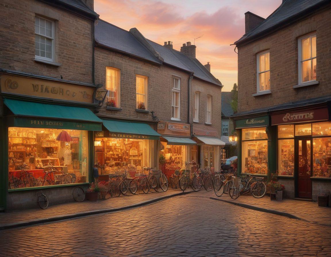 A nostalgic scene depicting a cobblestone street lined with vintage shops, retro bicycles and children playing with classic toys, bathed in the warm light of a sunset. Include a faded photograph frame floating above, showcasing memories from the 70s and 80s, with vibrant colors of the past. Capture the essence of affection for simpler times. vibrant colors. painting.