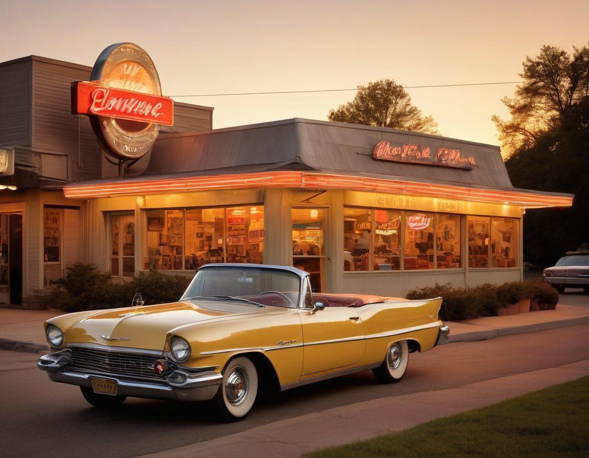 A serene landscape featuring a vintage convertible car parked beside a nostalgic diner bathed in the golden glow of sunset. Retro signage, old-fashioned soda bottles, and sepia-toned photographs fluttering in the wind add to the atmosphere. A couple is seen reminiscing over a scrapbook, surrounded by soft, warm lighting that embodies a sense of longing. Include elements that evoke memories such as a record player and vinyl records scattered around. vintage style. warm colors. nostalgic atmosphere.